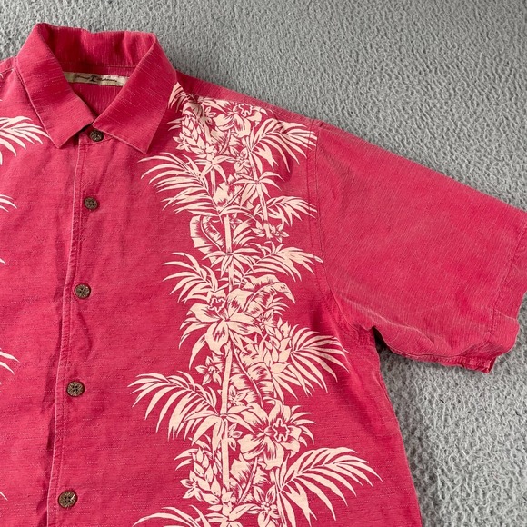 Tommy Bahama Silk Button Up Shirt Short Sleeve Hawaiian Adult Pink Palm Trees L - Picture 3 of 9